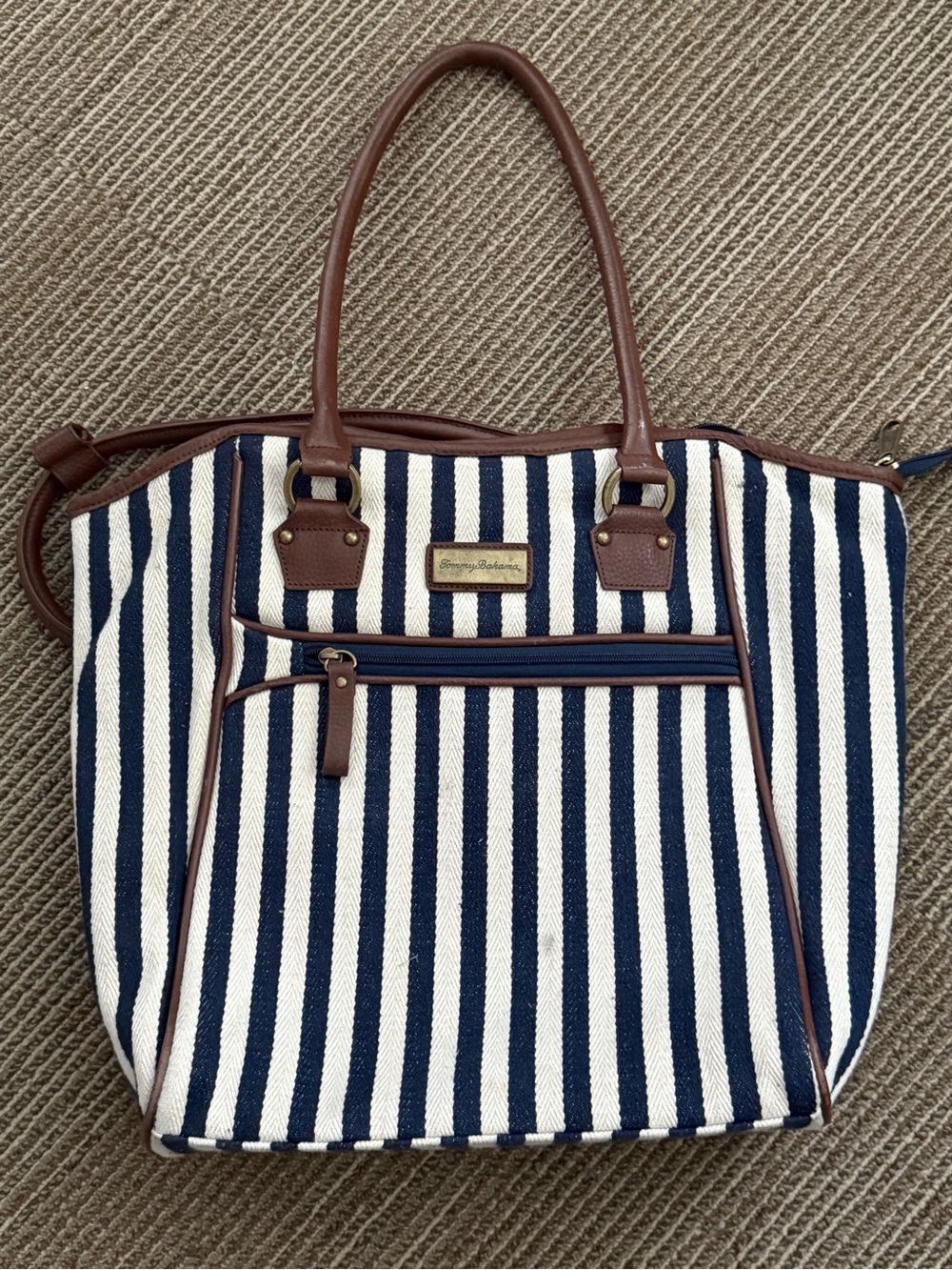Tommy Bahama Navy and White Striped Tote with Brown Trim
